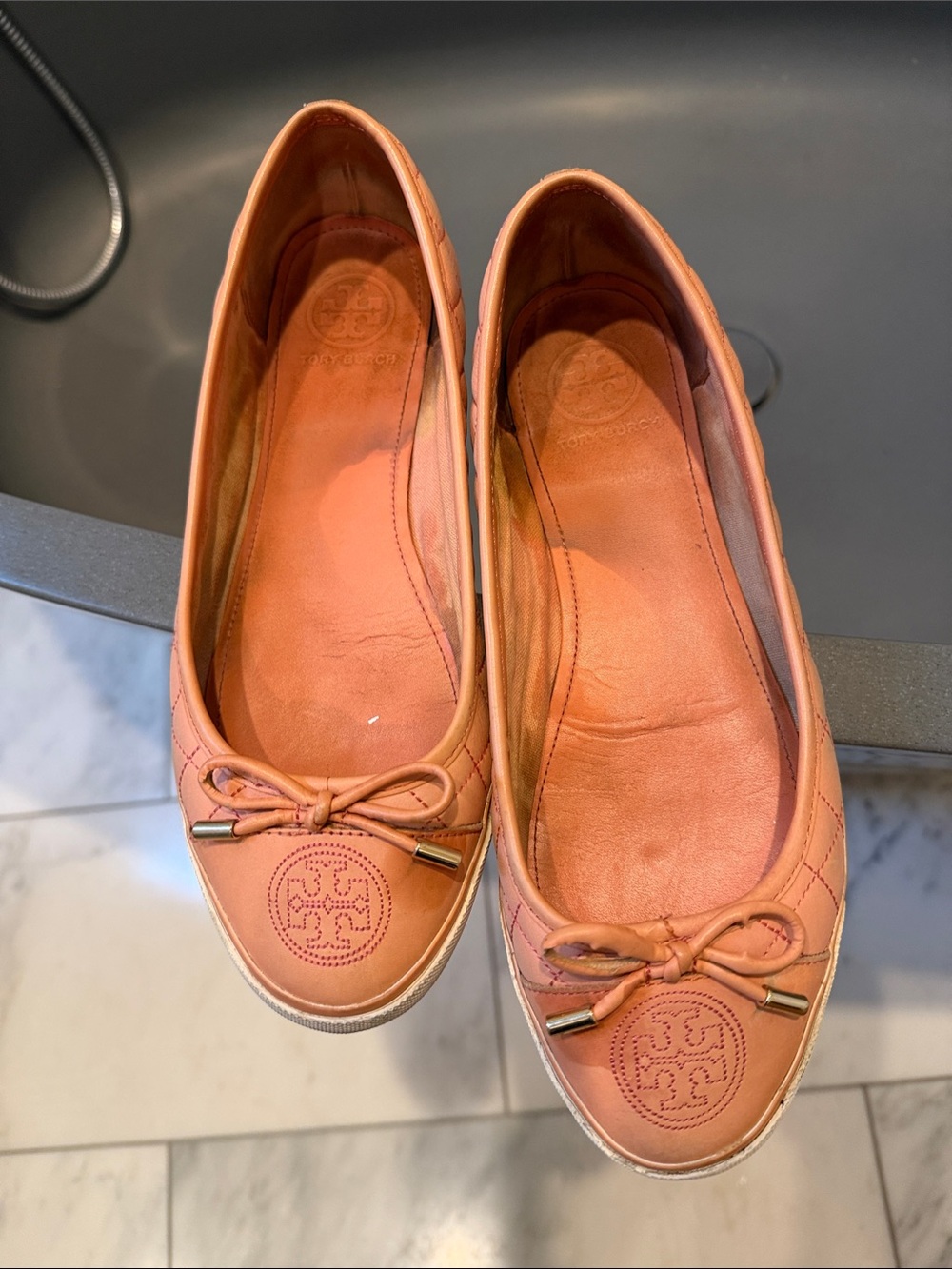 Tory Burch Peach Leather Bow Ballet Flats